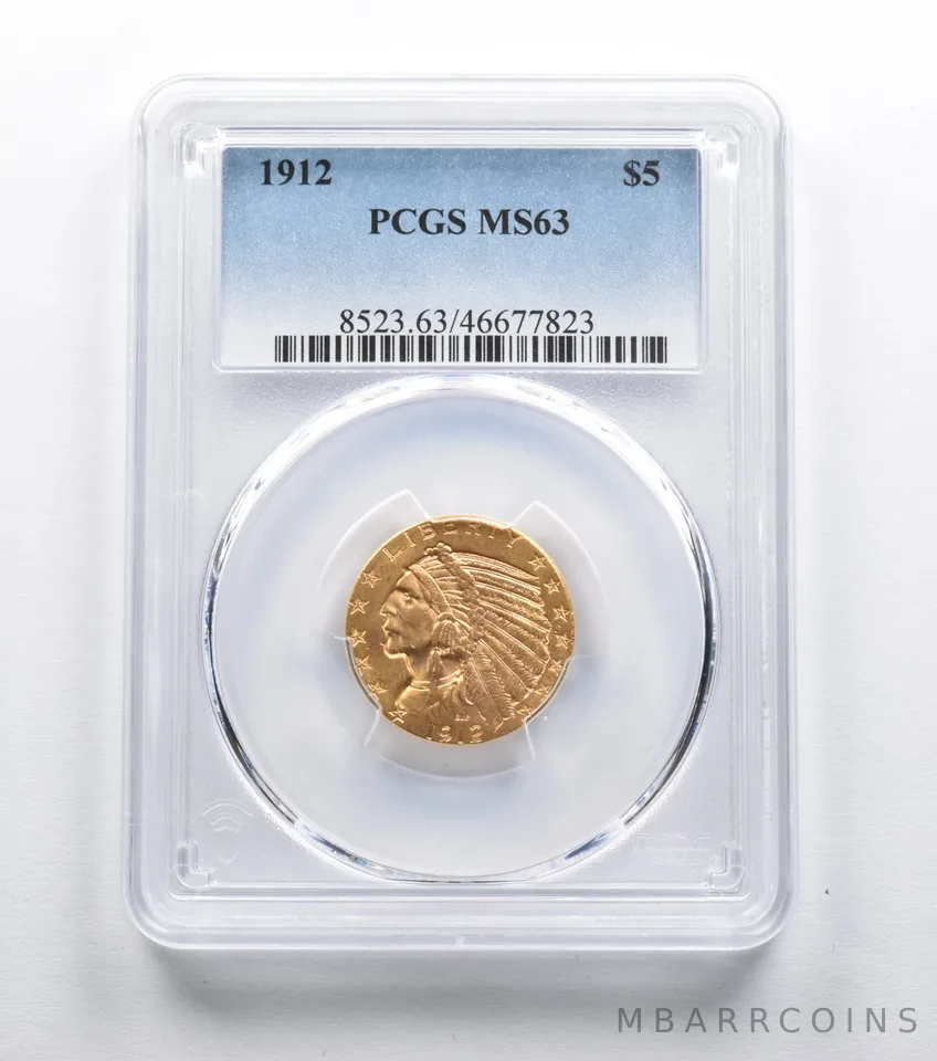 MS63 1912 $5 Indian Head Gold Half Eagle PCGS a2375