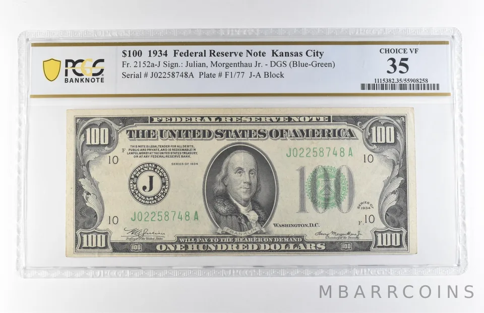 1934 $100 Kansas City MO Fr#2152a-J DGS FRN (Blue-Green) Choice VF 35 PCGS *7887