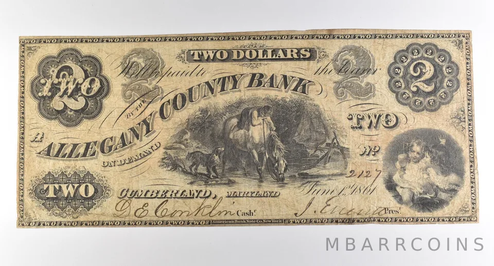 1861 $2 Cumberland MD Allegany County Bank Obsolete Note *3809