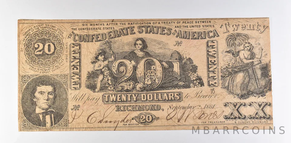1861 $20 Confederate States Of America T-20 Large Note *8462