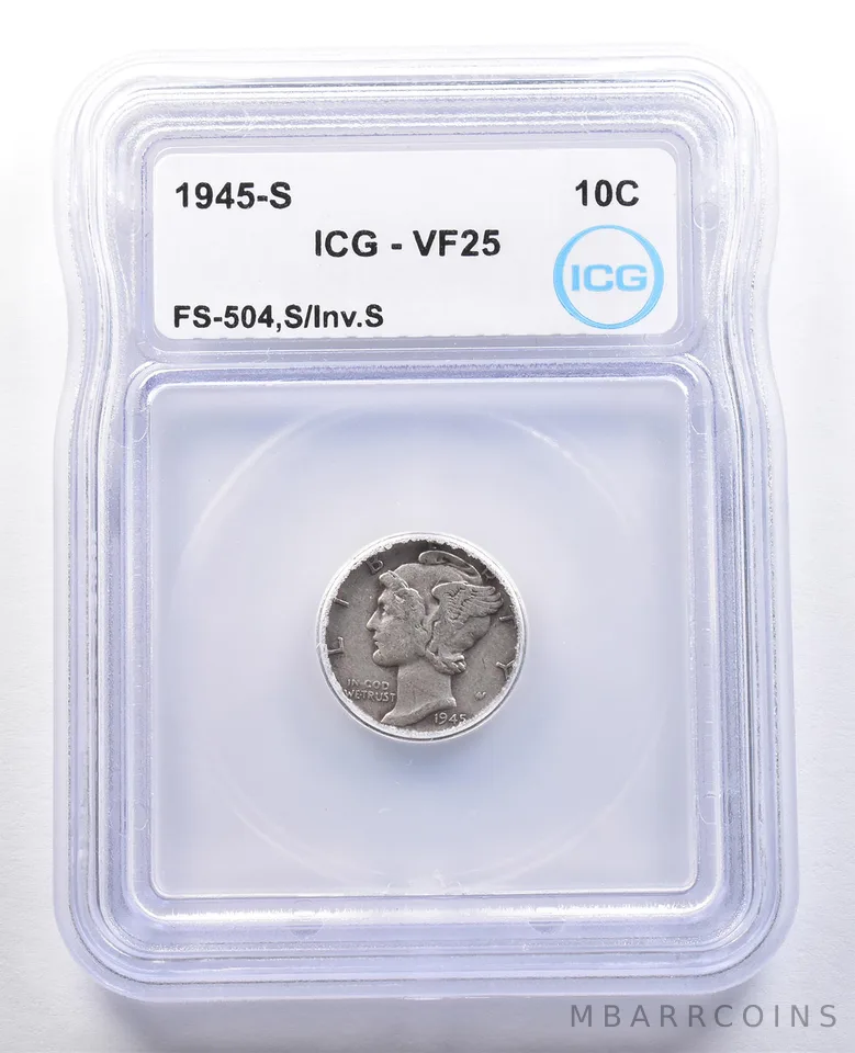 1945-S Mercury Dime FS-504 S/Inv S VF25 ICG *4668