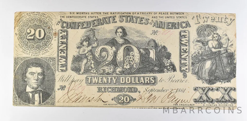 1861 $20 Confederate States Of America T-20 Large Note *8465