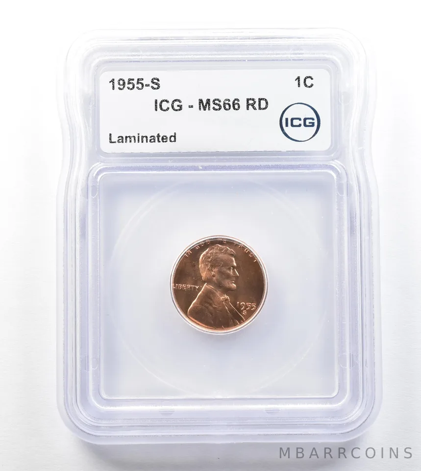ERROR 1955-S Lincoln Wheat Cent Laminated MS66 RD ICG a3305