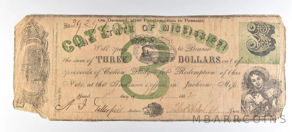 1862 $3 State Of Mississippi Obsolete Note *8669