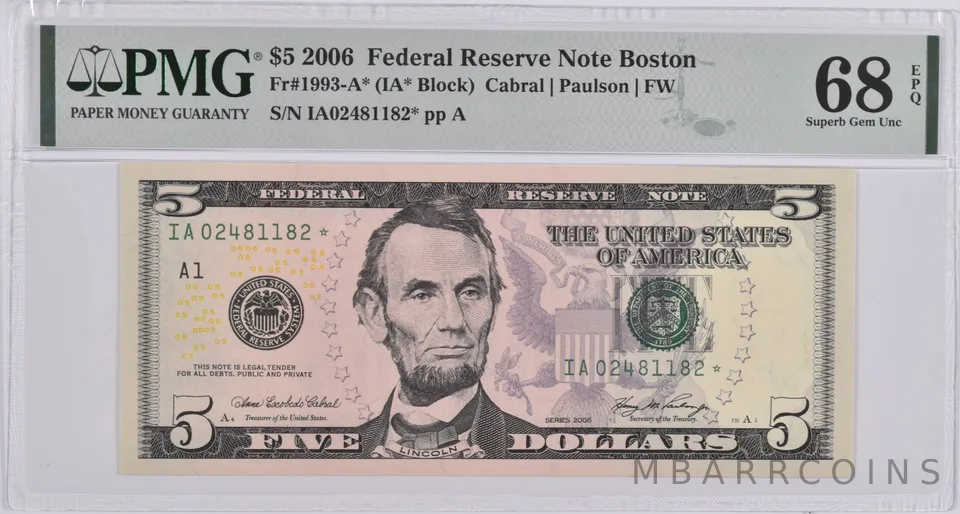 $5 2006 US FRN STAR Fr#1993-A* PMG Superb Gem Unc 68 EPQ