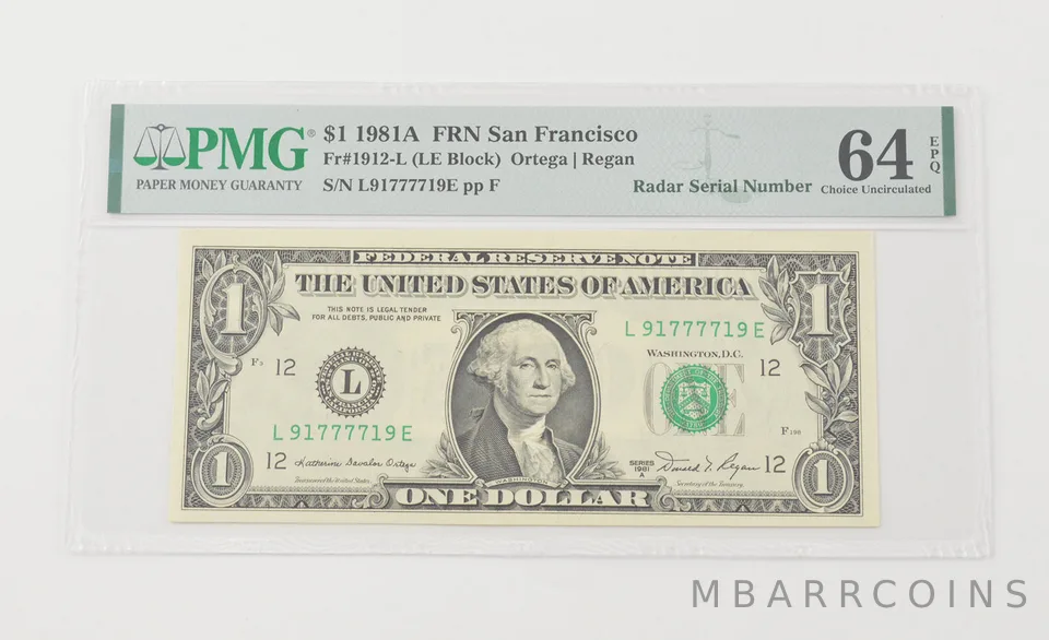 UNC 64 EPQ 1981-A $1 FRN San Francisco FR#1912-L Radar Serial Number PMG *6591