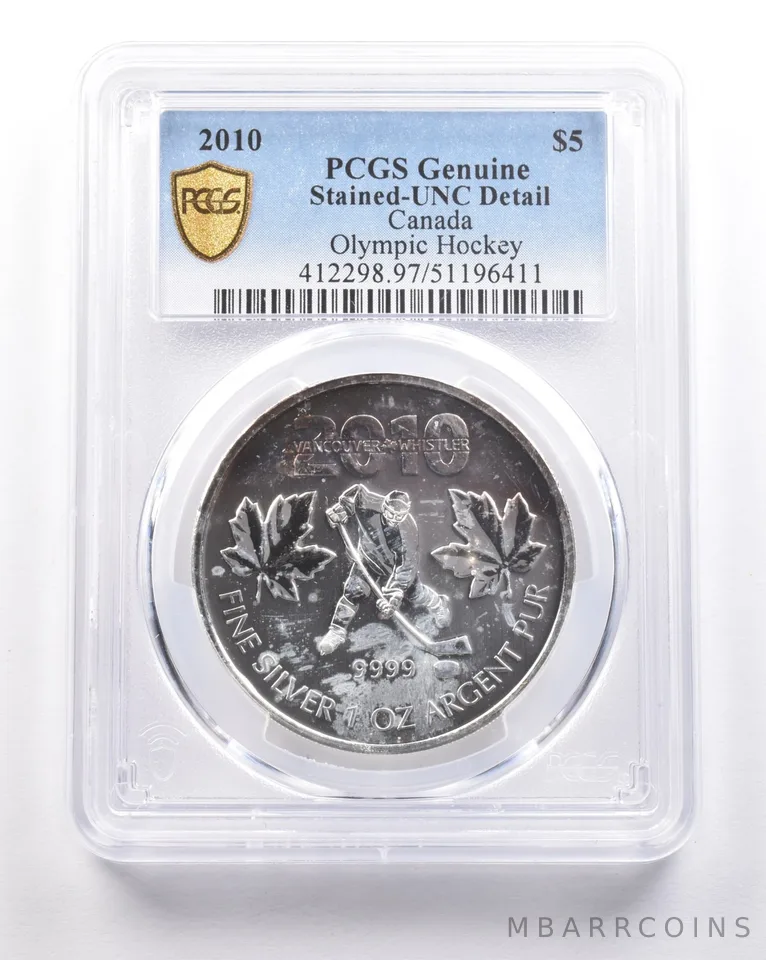 2010 Canada $5 Silver Vancouver Olympics Hockey Genuine Stained PCGS a5369