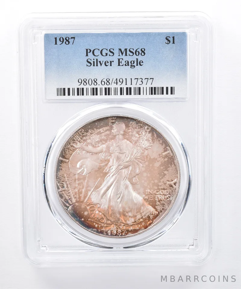 1987 American Silver Eagle MS68 PCGS Sunset Tone *8395