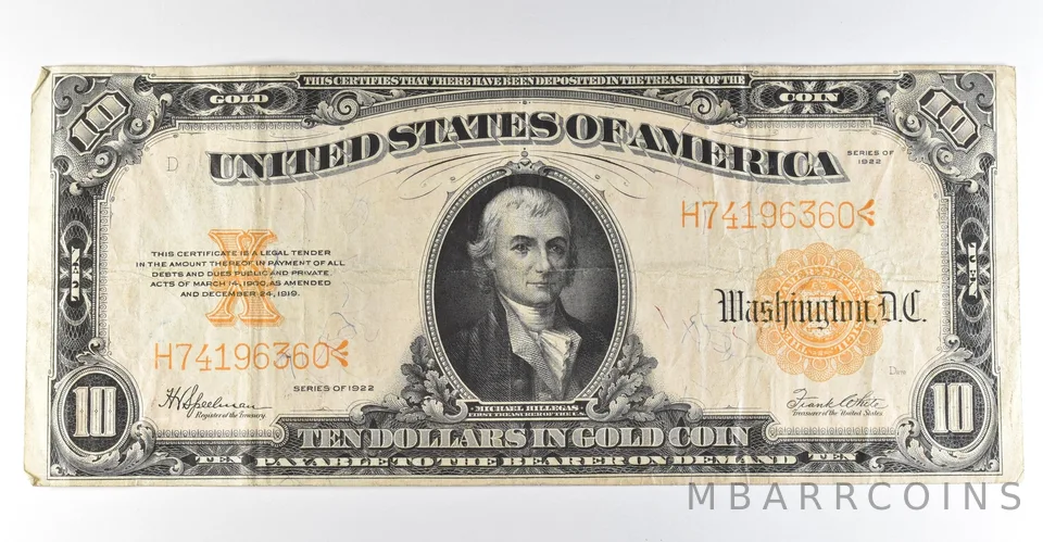 1922 $10 Gold Certificate Large Note Yellow Seal *8360