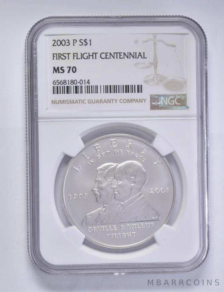 2003-P First Flight Commemorative Silver Dollar $1 MS70 NGC Brown Lbl