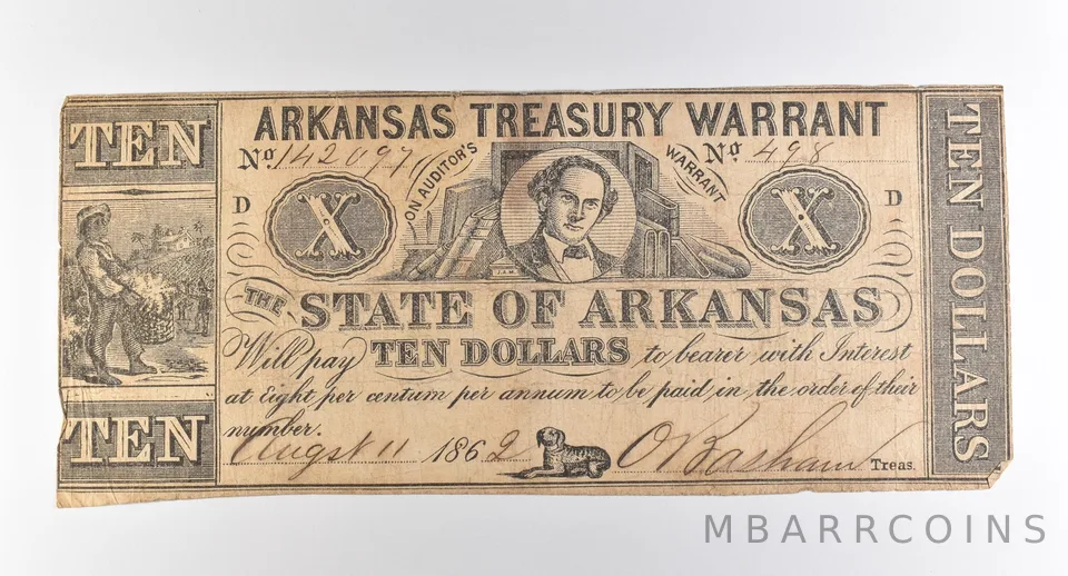 1862 $10 Arkansas Treasury Warrant Obsolete Note *3824
