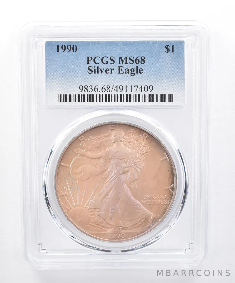 1990 American Silver Eagle MS68 PCGS Iridescent Tone *8404