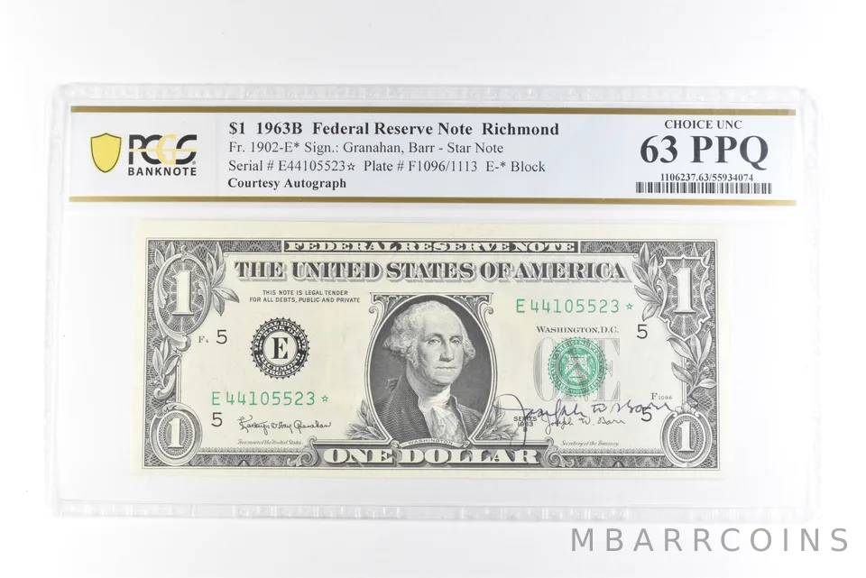 1963 B $1 FRN Star Courtesy Autograph Fr#1902-E* 63 PPQ PCGS *0431