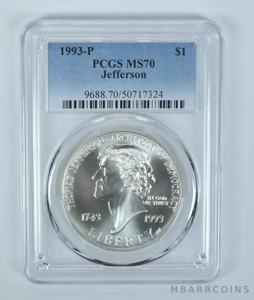 1993-P Jefferson Commemorative Silver Dollar MS70 PCGS Blue Label