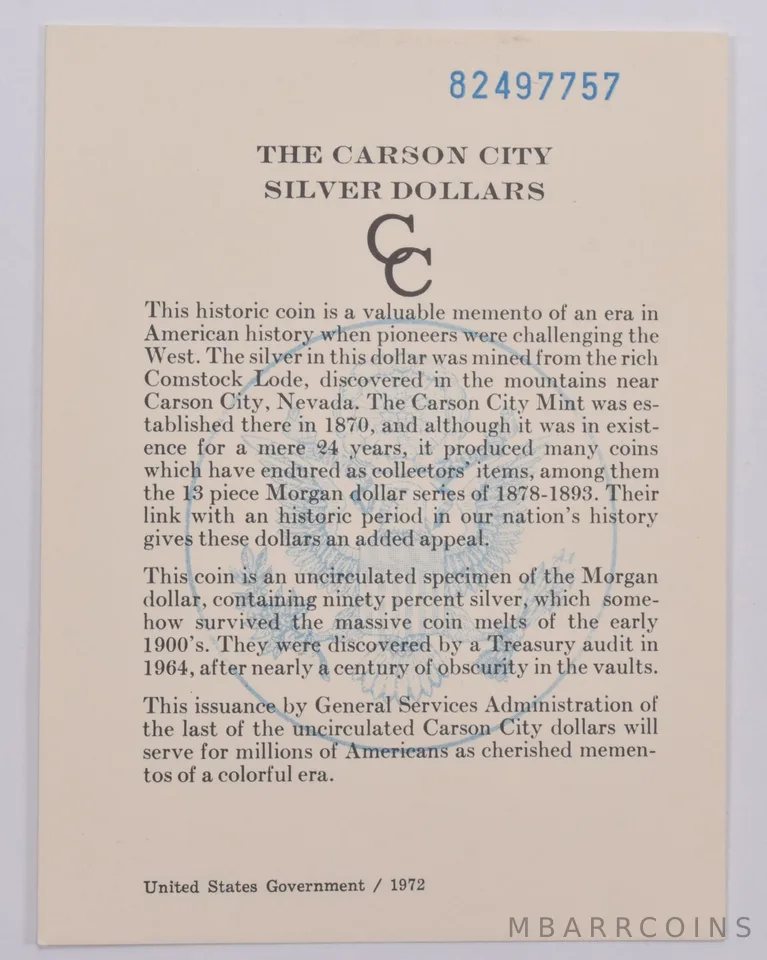 COA 1882 GSA Certificate Original Card for CC Morgan Silver Dollar (1card)