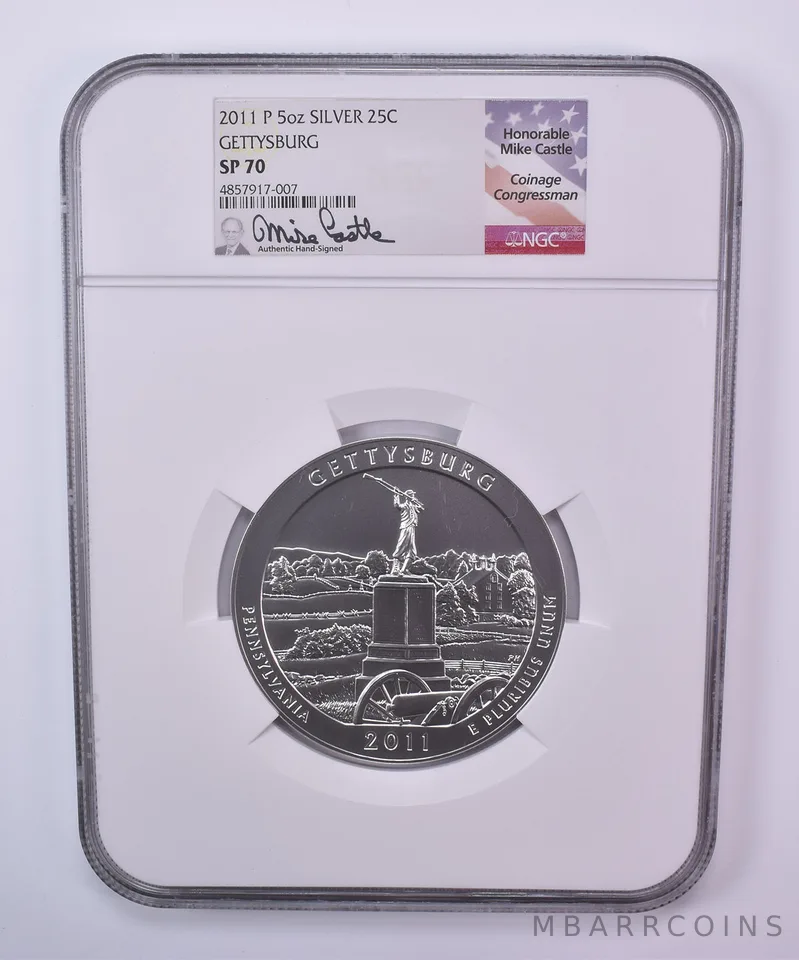 2011-P 5 Oz Silver Quarter ATB Gettysburg Mike Castle SP70 NGC