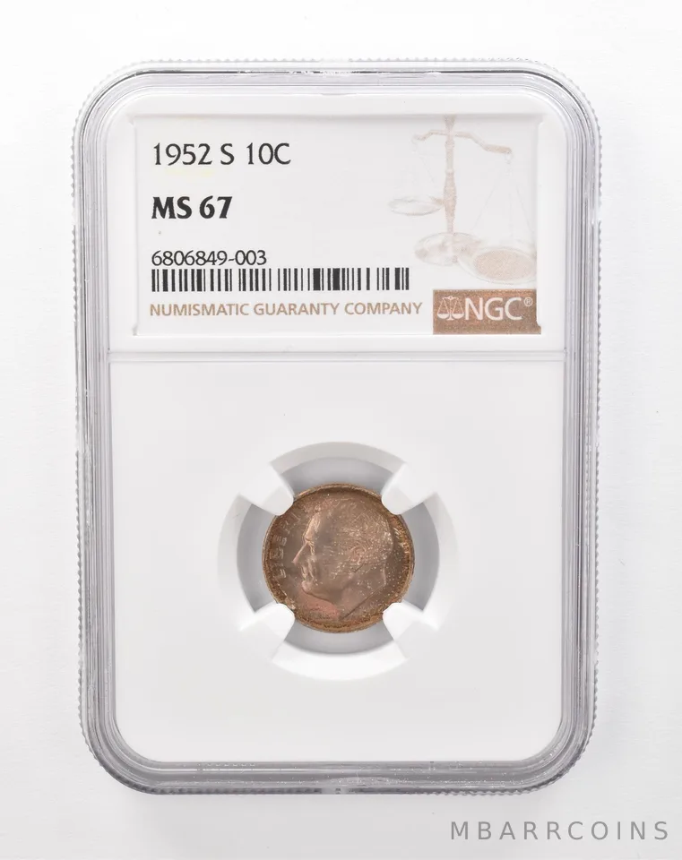1952-S Roosevelt Dime MS67 NGC Beautiful Tone *1255