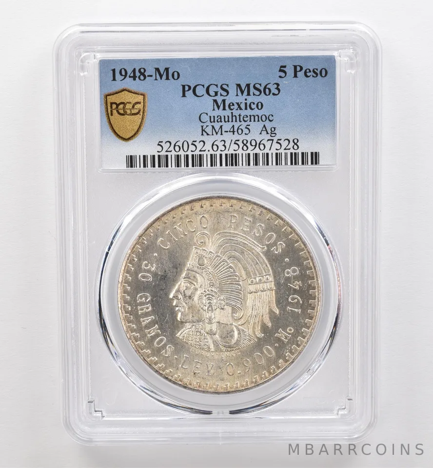 1948 Mo Mexico 5 Pesos Silver Cuauhtemoc KM-465 MS63 PCGS Nice Tone Rev *9281