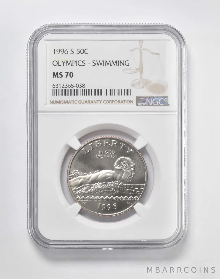 1996-S Olympic Swimming Commemorative Half Dollar MS70 NGC Brown Label