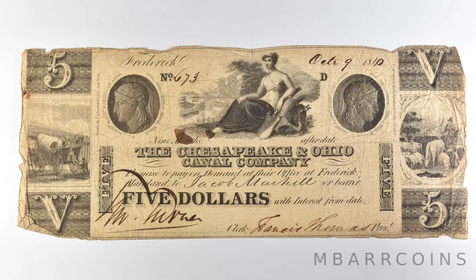 1840 $5 Frederick MD Chesapeake & Ohio Canal Company Obsolete Note *8721
