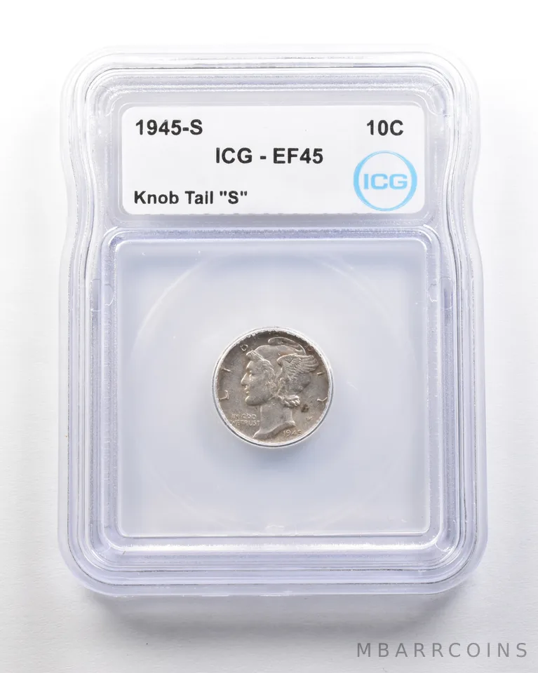 1945-S Mercury Dime Mint Error Knob Tail "S" EF45 ICG *1717