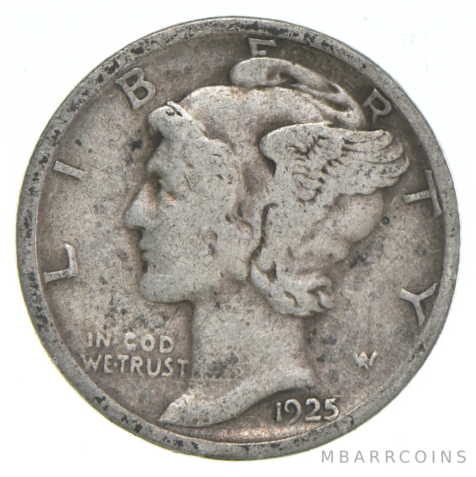 VG+ 1925-S Mercury 90% Silver Dime