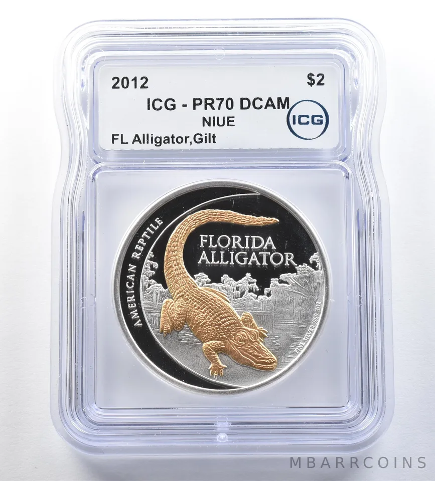 2012 Niue 2 Dollars Silver Gilt Florida Alligator PR70 DCAM ICG a0778