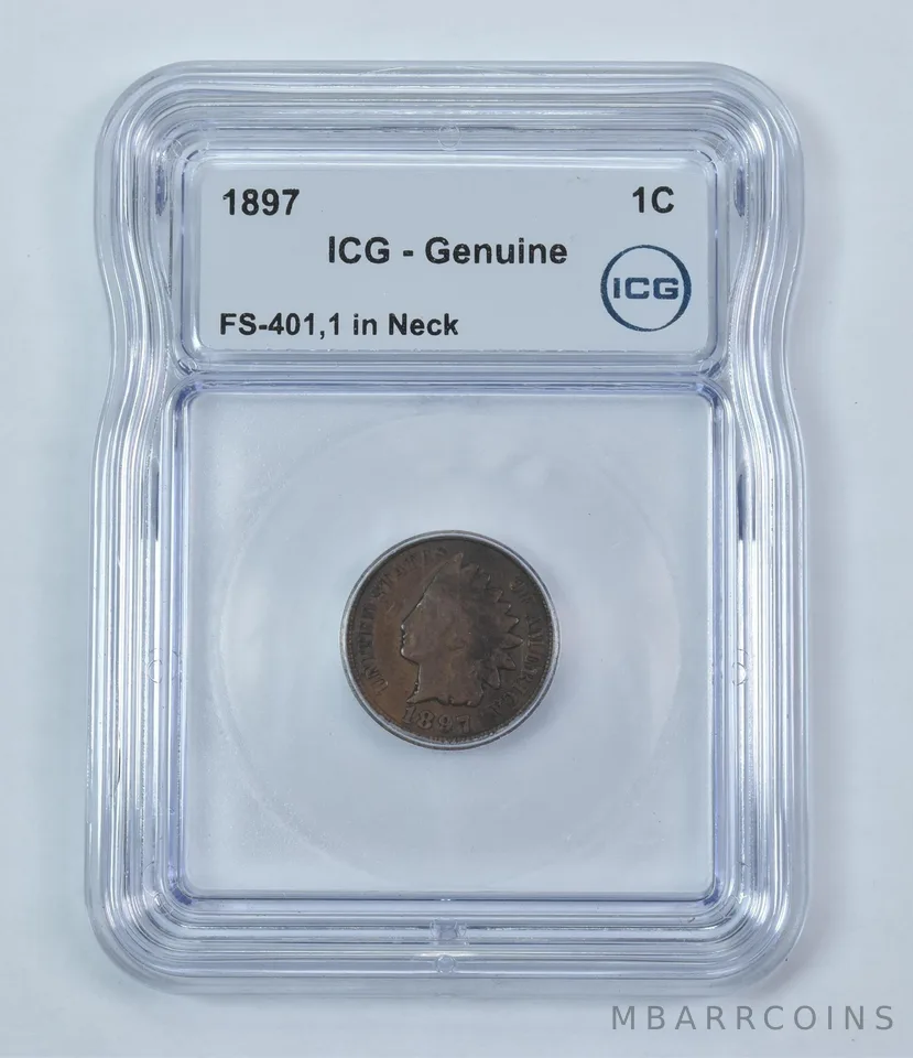 Error 1897 Indian Head Cent FS-401 1 In Neck Genuine ICG *9246
