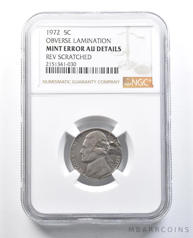 1972 Jefferson Nickel Mint Error Obv Lamination AU Detail NGC *8243