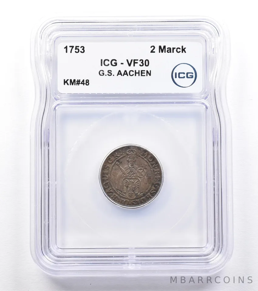 1753 German States Aachen 2 Marck KM#48 VF30 ICG *1837