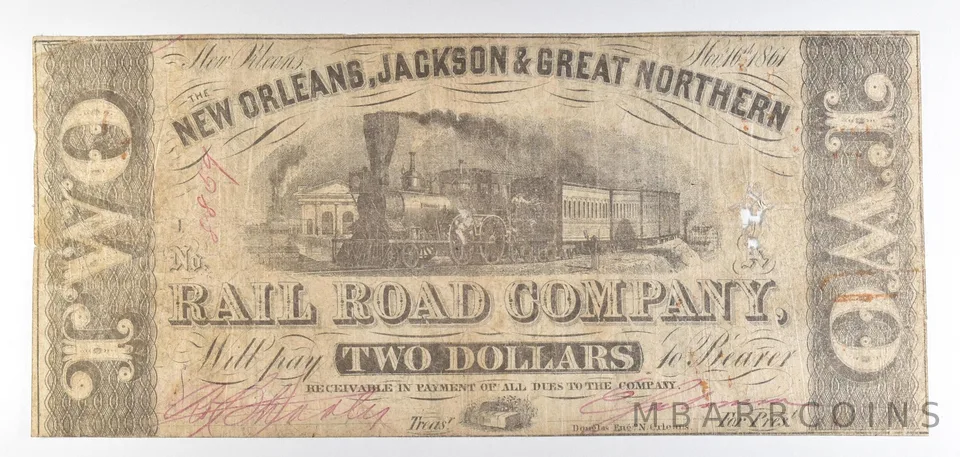 1861 $2 New Orleans LA Jackson & Great Northern Railroad Co Obsolete Note *8857
