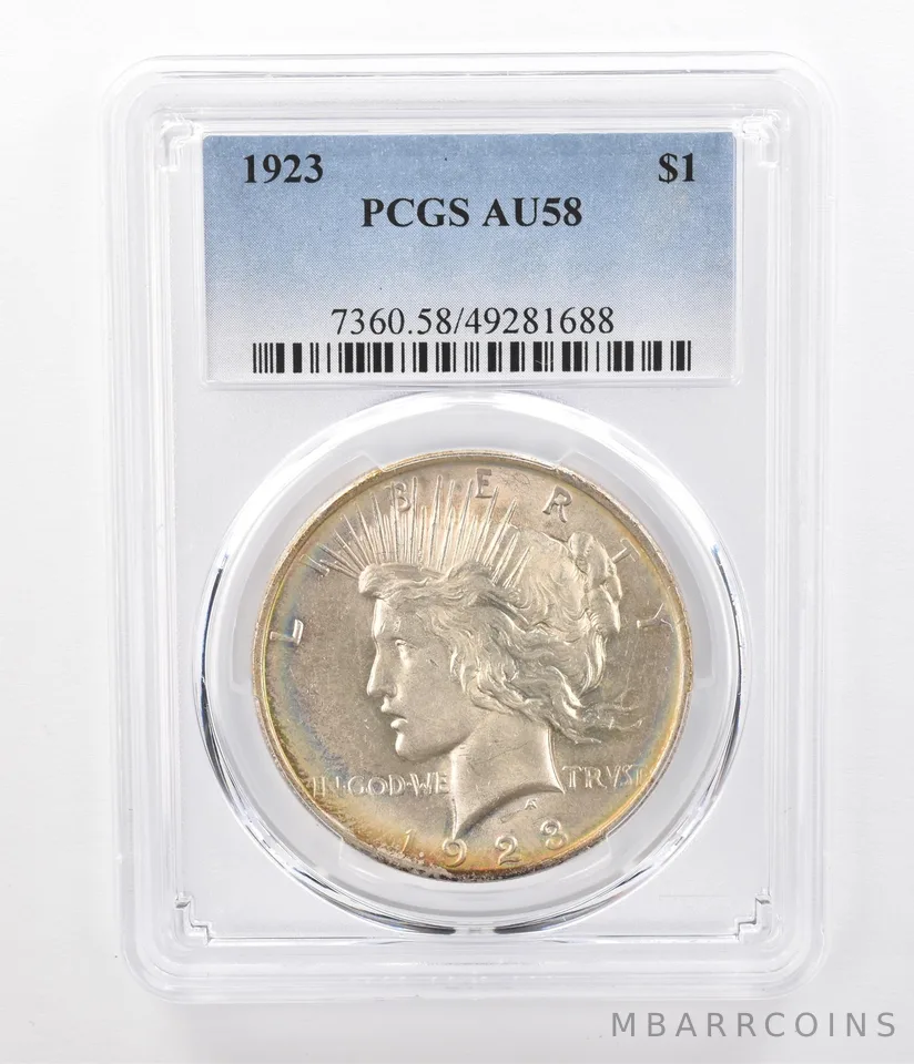 1923 Peace Silver Dollar AU58 PCGS RAINBOW Tone *0487