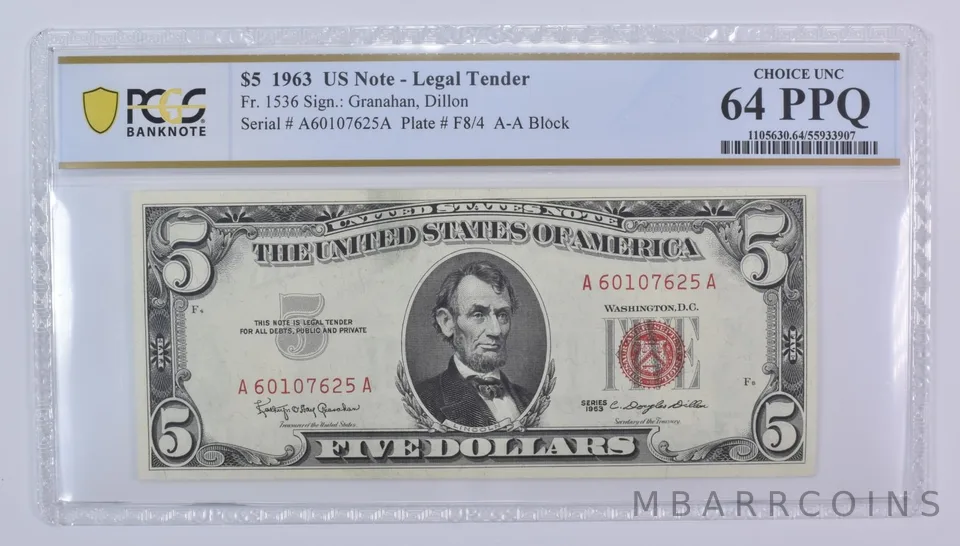 1963 $5 US Legal Tender Fr#1536 Choice Unc 64 PPQ PCGS
