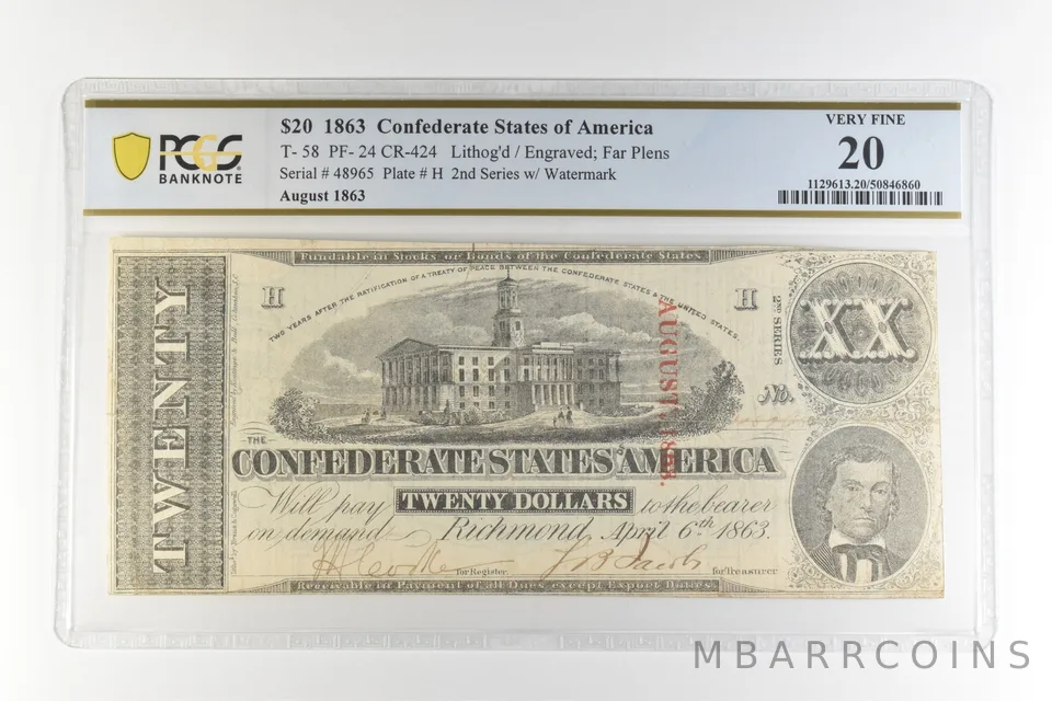 1863 $20 Confederate States America T-58 PF-24 CR-424 Very Fine 20 PCGS *4479