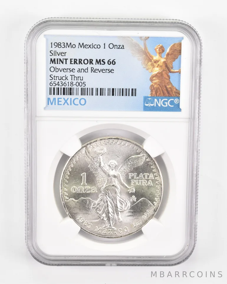 Mint Error MS66 1983 Mo Mexico 1 Silver Onza - OBV & REV Struck Thru NGC a0516
