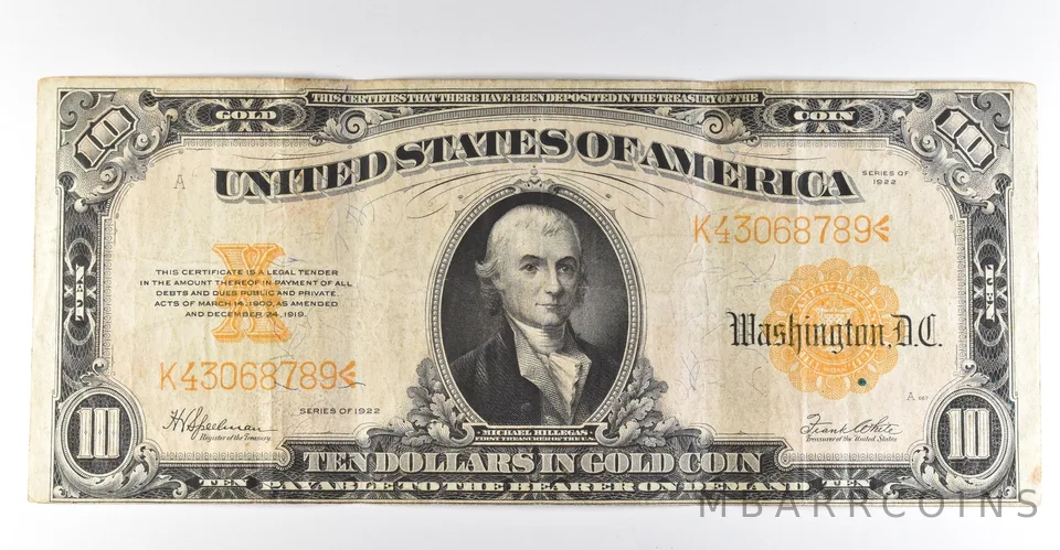 1922 $10 Gold Certificate Large Note Yellow Seal *8348
