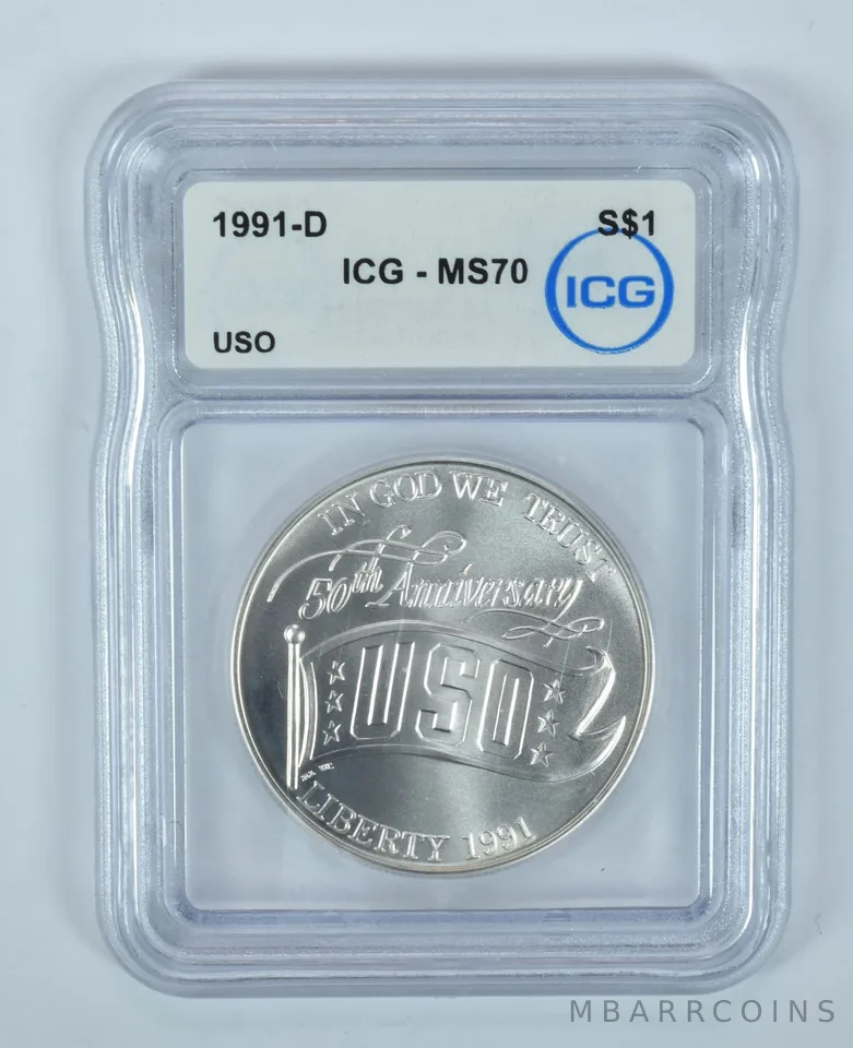 1991-D USO Commemorative Silver Dollar MS70 ICG