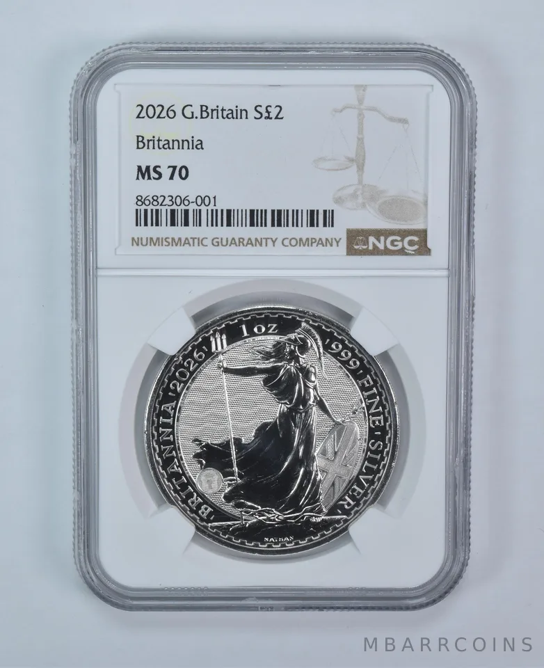 2026 Great Britain 2 Pounds 1 Oz Silver Britannia MS70 NGC Brown Label