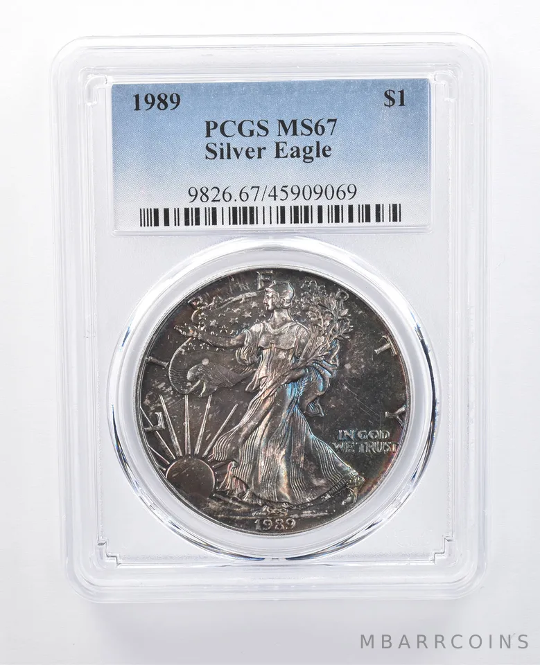 1989 American Silver Eagle MS67 PCGS Dark Blue Tone *7996