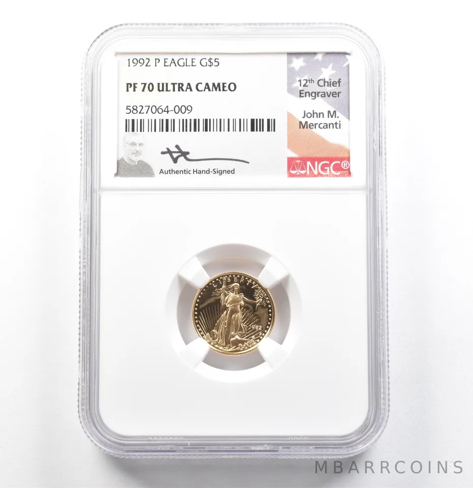 1992-P $5 American Gold Eagle Mercanti 1/10 Oz PF70 UCAM NGC a0090