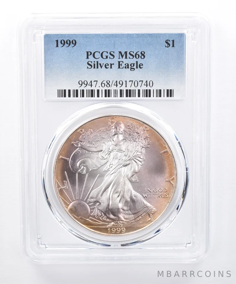 1999 American Silver Eagle MS68 PCGS Purple/Orange Tone *8428