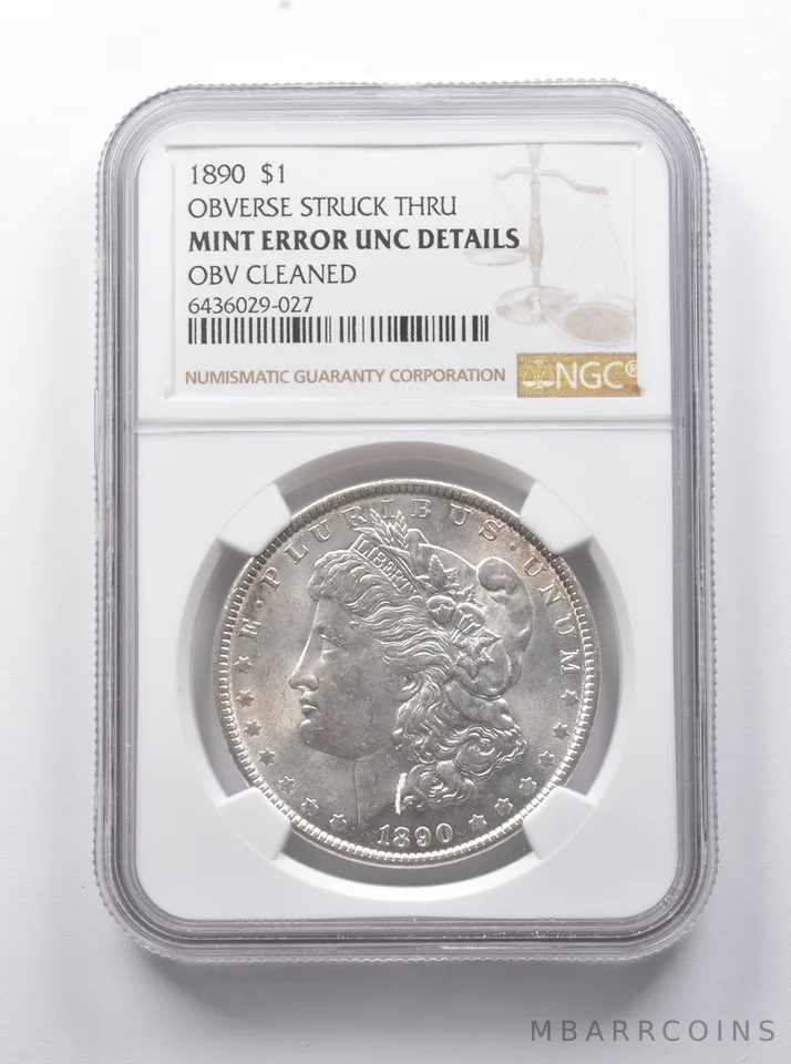 Error UNC Dtls 1890 Morgan Silver Dollar OBV Struck Thru OBV Cleaned NGC *7906