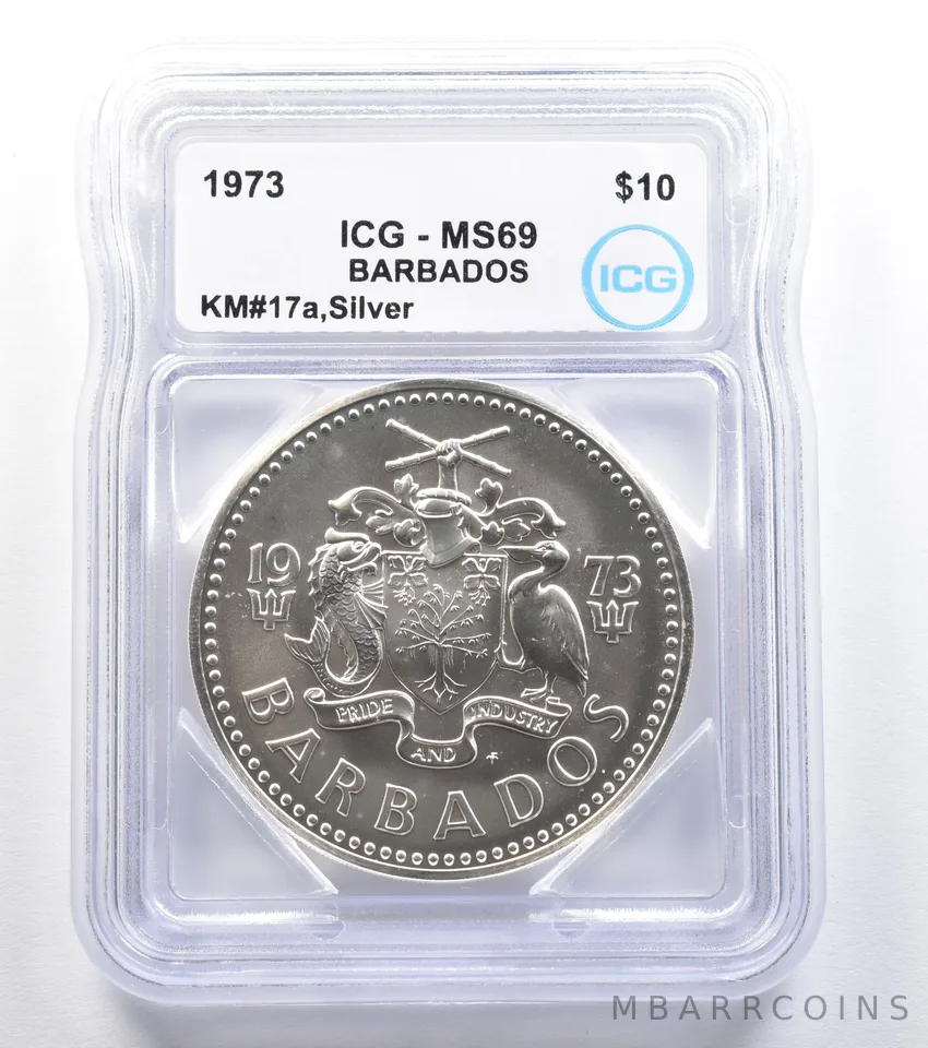 1973 Barbados 10 Dollars Silver KM#17a MS69 ICG *7998