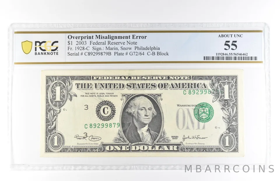 2003 $1 55 Philadelphia PA FRN Overprint Misalignment Error Fr#1928-C PCGS *5835