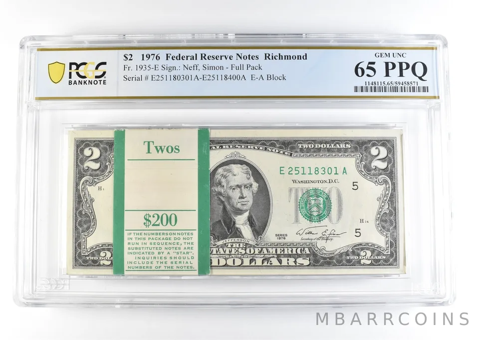 1976 $2 Richmond VA FRN Fr#1935-E Full Pack Gem Unc 65 PPQ PCGS *9119