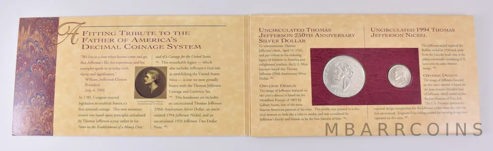 1993 Jefferson Coin & Currency Specimen Set 1994-P Nickel & Silver Dollar