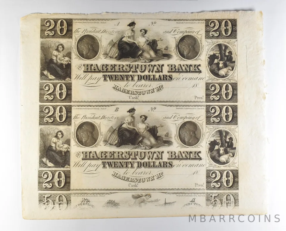 Lot (2) 1800s $20 Hagerstown MD Bank Obsolete Note Uncut *8694