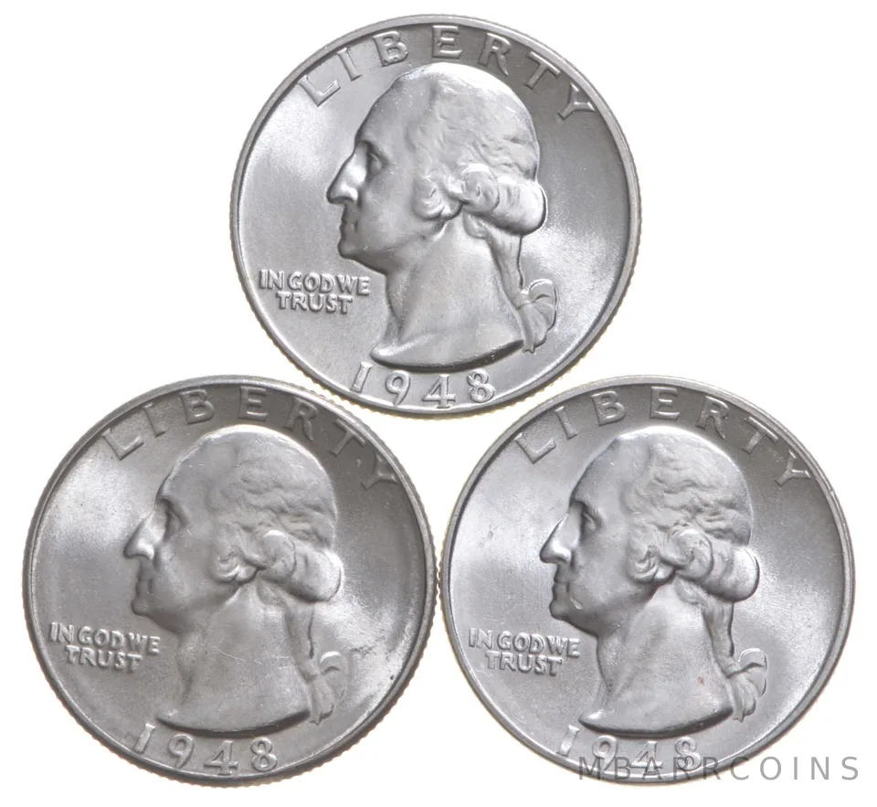 Choice Unc 1948 P+D+S Washington Quarter Gem BU Collection Lot Set