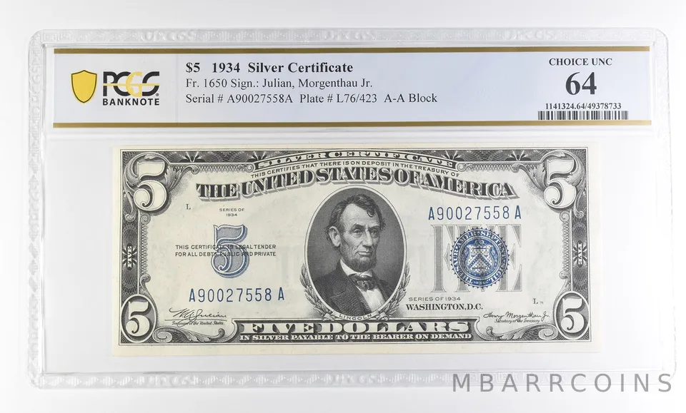 1934 $5 Silver Certificate Fr#1650 Choice Unc 64 PCGS *2820