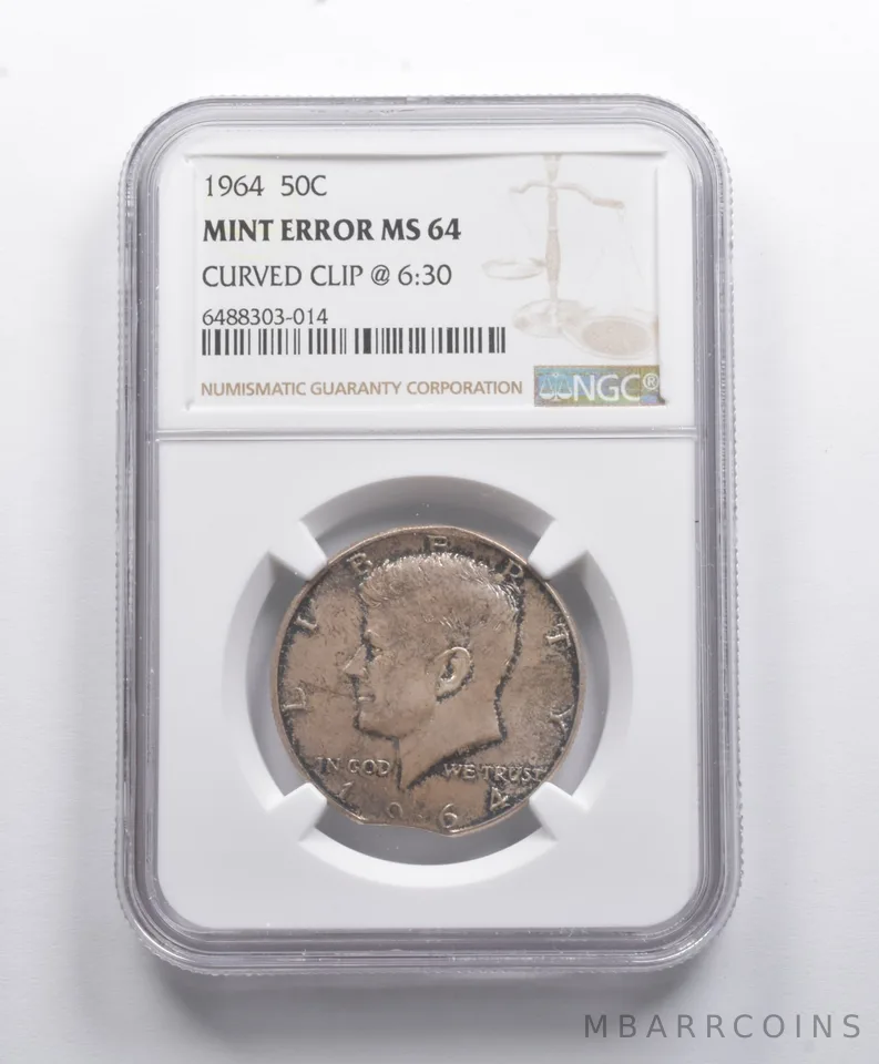 Mint Error MS64 1964 Kennedy Half Dollar Curved Clip @ 6:30 NGC *8749